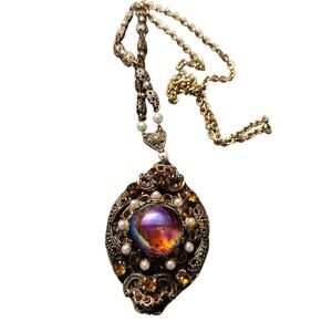 Vtg.60s West Germany Elorexal Dragon’s Breath Carnival Glass Filigree Necklace